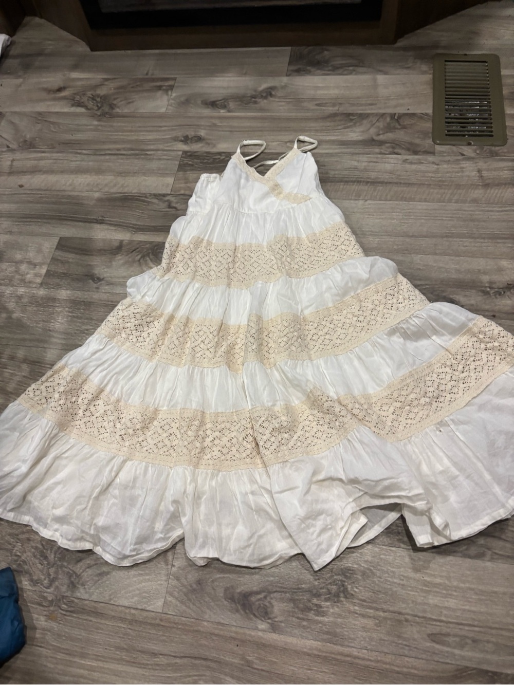 Boho Tiered Lace Midi Dress in White & Cream